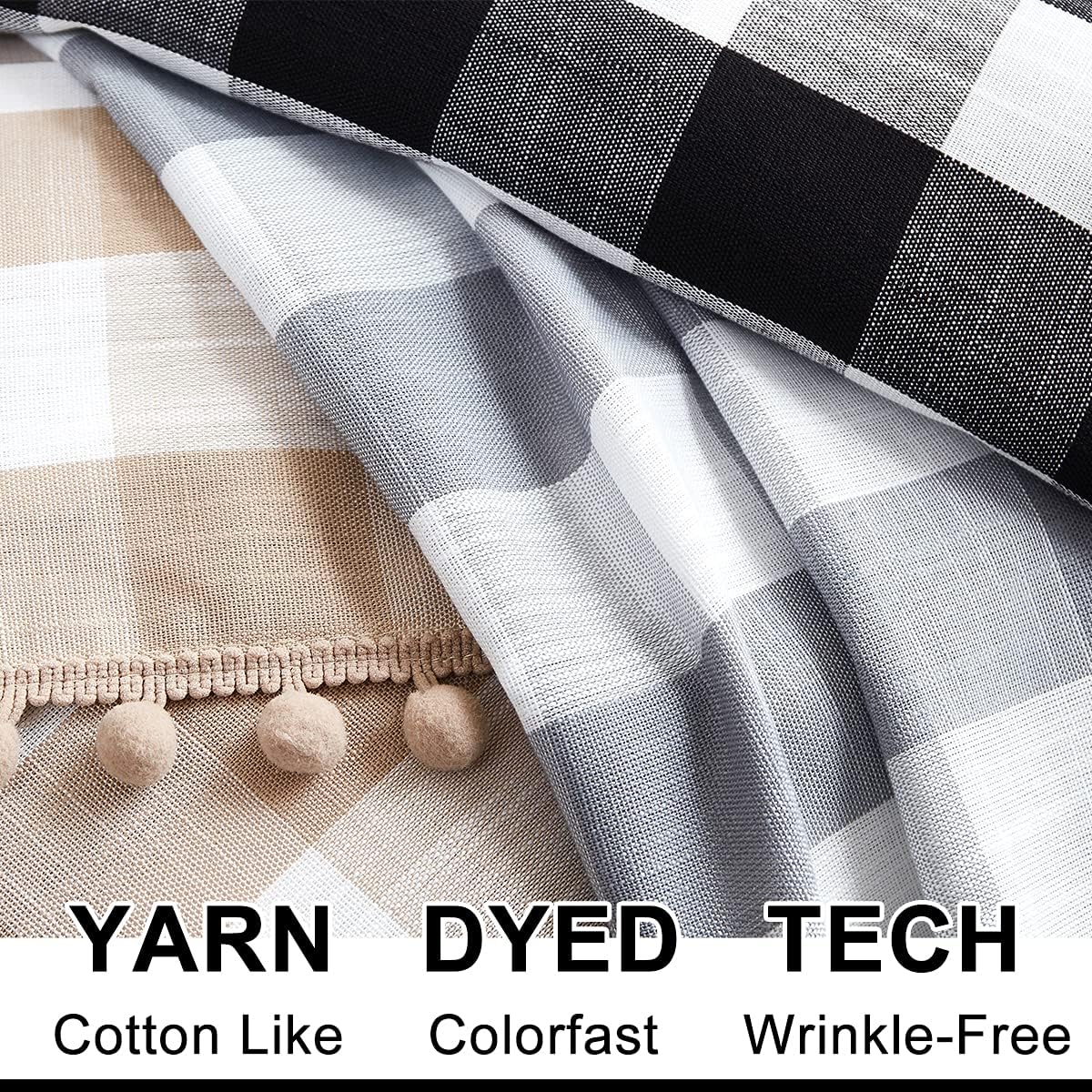 Pompom Buffalo Check Curtains Taupe and White Plaid Window Treatment Set 95 inch Rustic Farmhouse Curtain Drapes