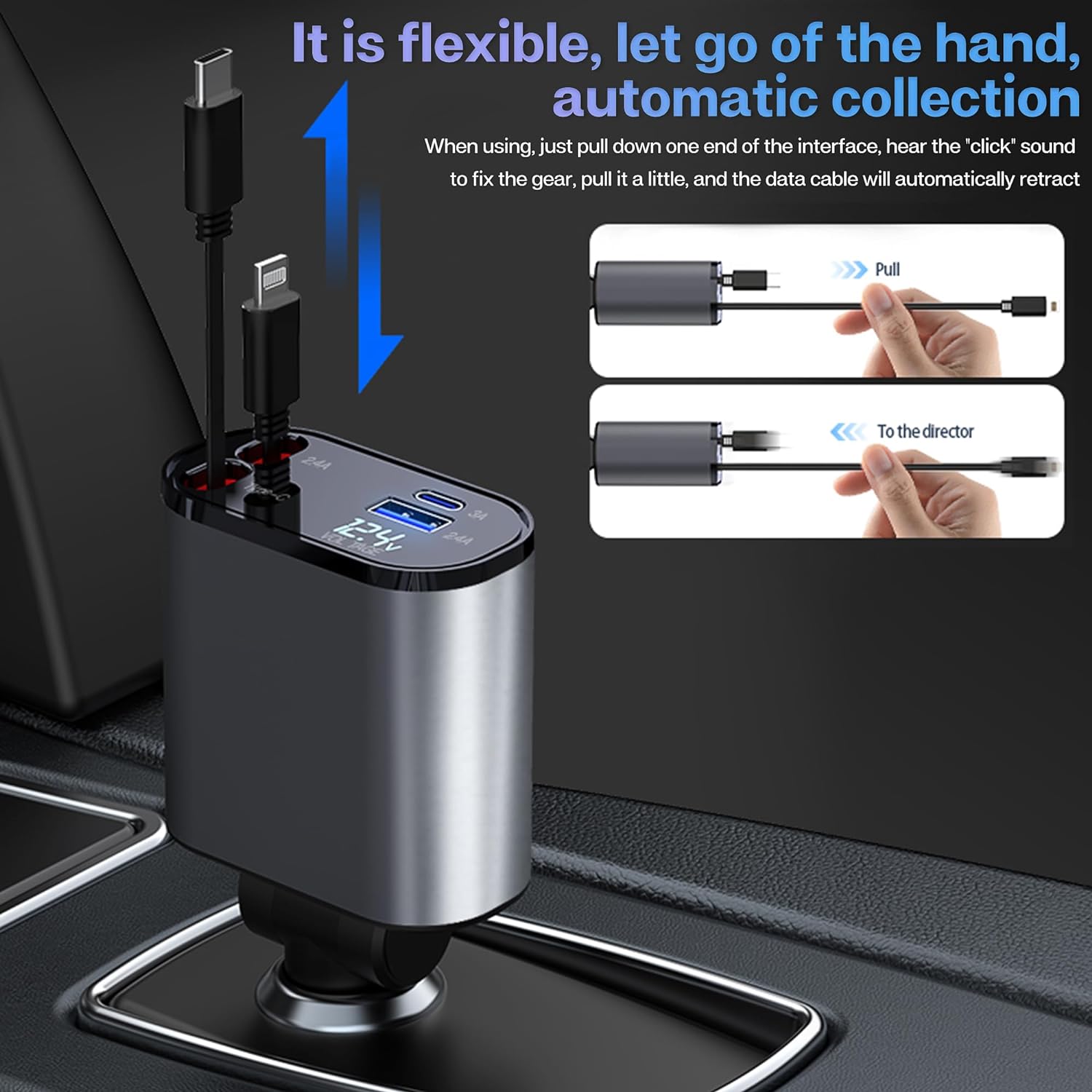 Retractable Car Charger with 100W, 4 in 1 Car Fast Charger for iPhone and Type C