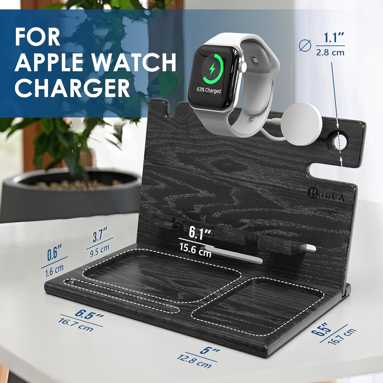 Wood Docking Station 2 Phone Nightstand Organizer Table Charging Dock Multi Watch Charging Stand, Black