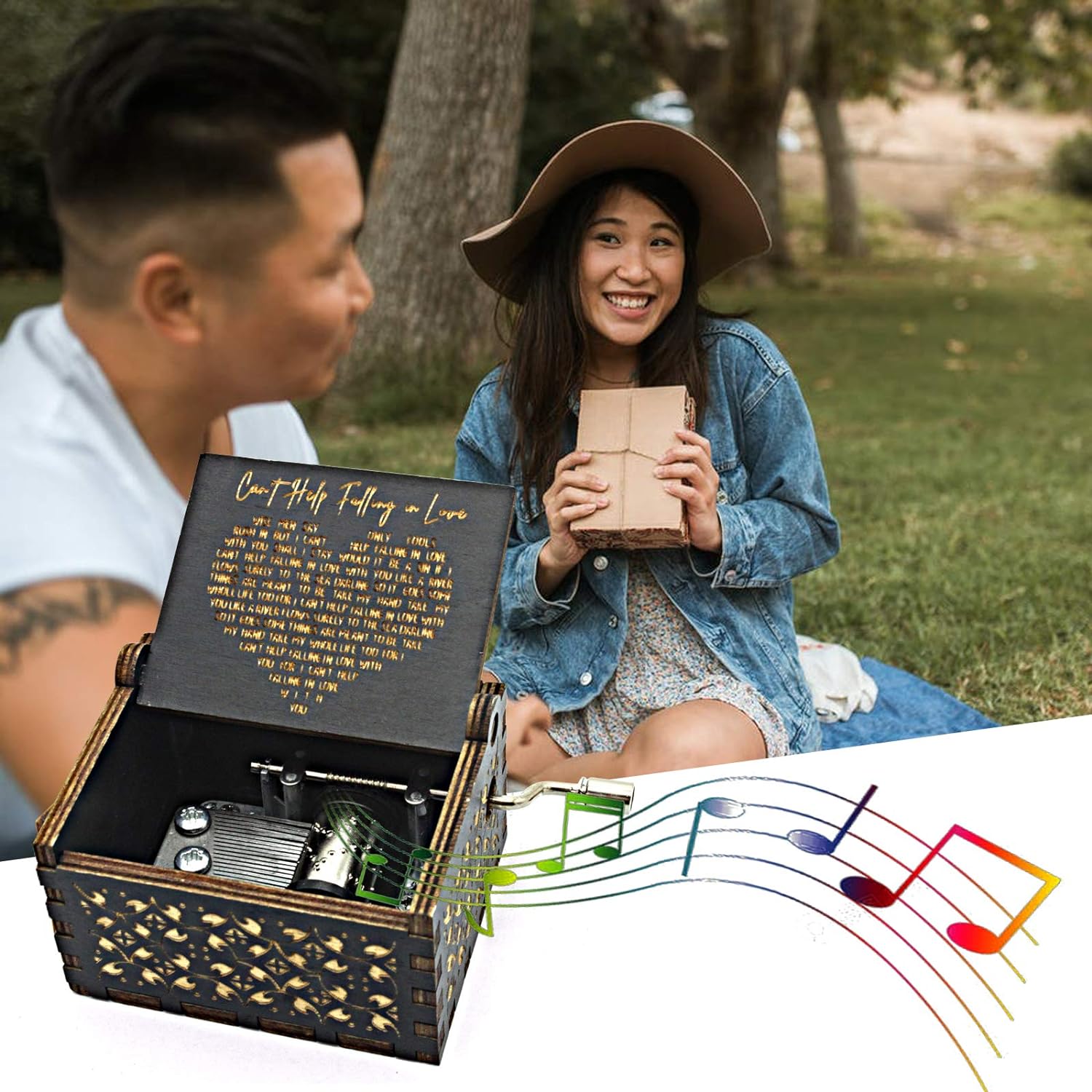 Can't Help Falling in Love Wood Music Box, Antique Engraved Musical Boxes, Black
