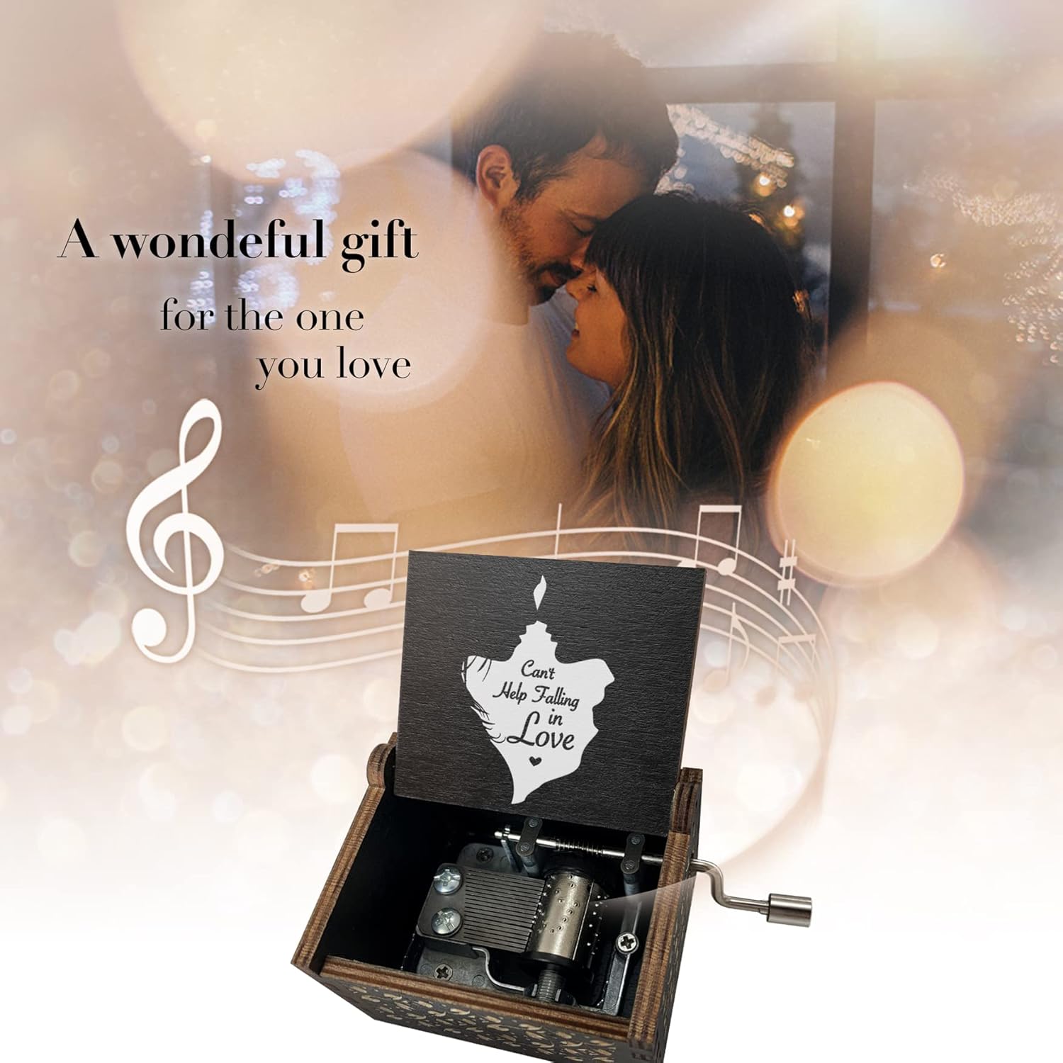 Wooden Music Box-Can’t Help Falling in Love Hand Crank Laser Engraved Vintage Wood Musical Boxes