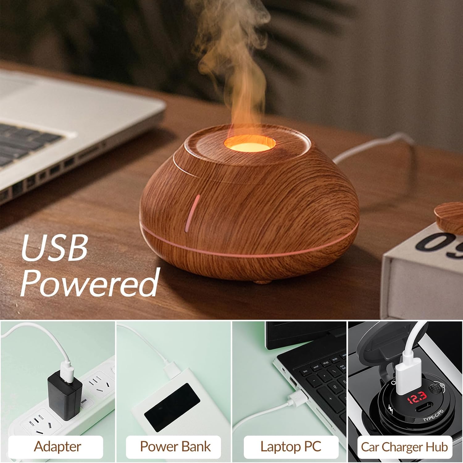 Aromatherapy Essential Oil Flame Diffuser with Ultrasonic Mist Auto Shut-Off Air Humidifier Light, Wood