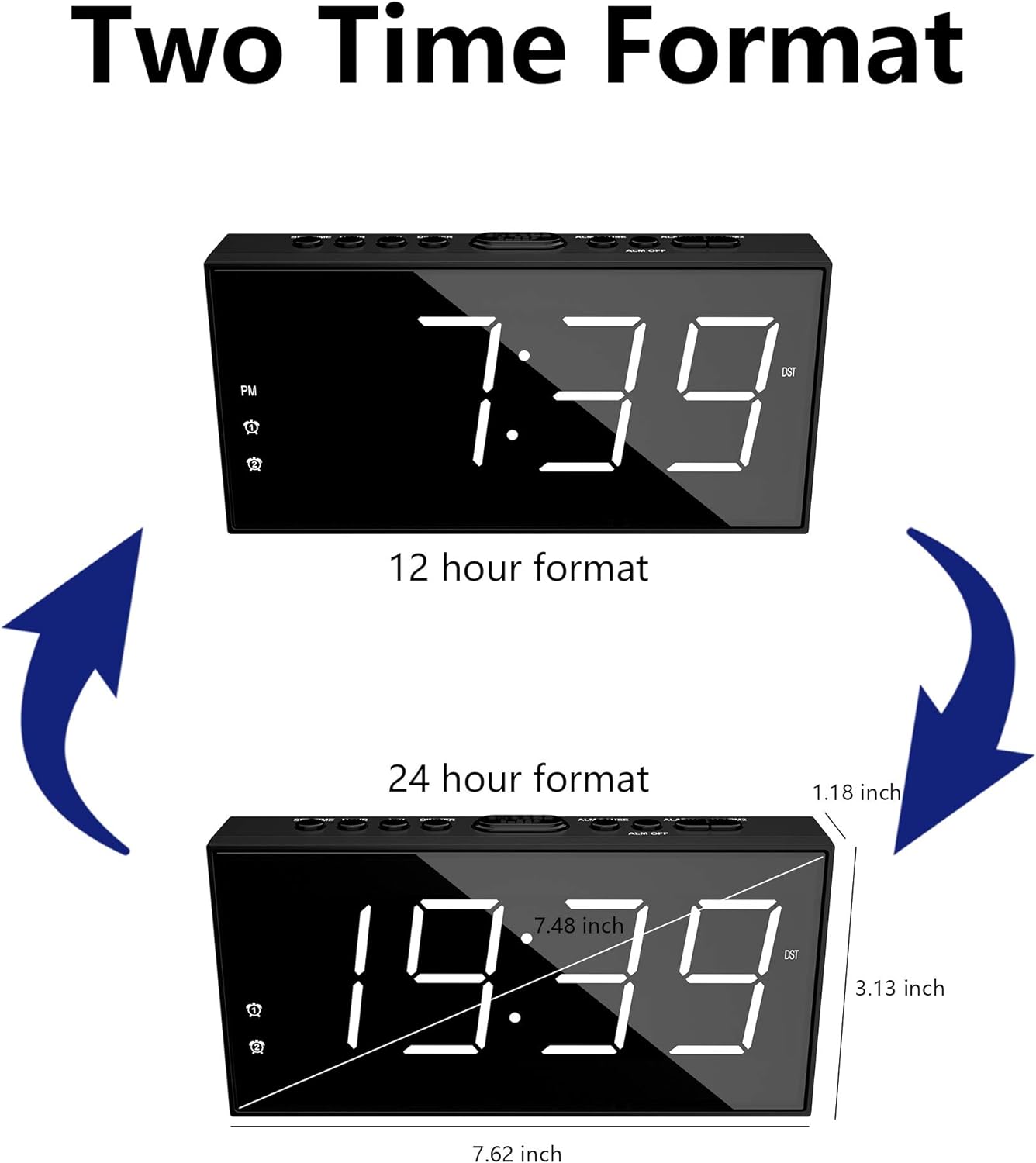 Alarm Clock for Bedroom, 2 Alarms Loud LED Big Display Plug in Simple Basic Digital Clock with USB Charging Port, White Digits