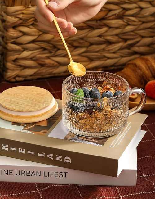 Load image into Gallery viewer, 4pcs Set Vintage Coffee Mugs gifts for women, Overnight Oats Containers with Bamboo Lids and Spoons - 14oz Clear
