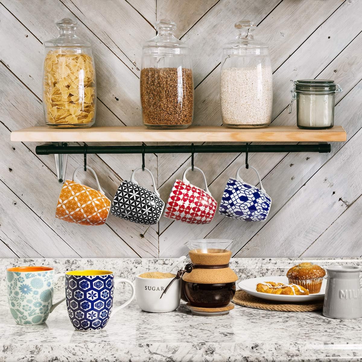 Set of 6 Modern Colorful Cute Porcelain Mugs/Cups with Large Handle,  16 Fluid Ounce Capacity