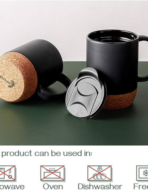 Load image into Gallery viewer, Set of 2 15 OZ Coffee Mug with Cork Bottom and Splash Proof Lid, Ceramic Mug with Large Handle, Black

