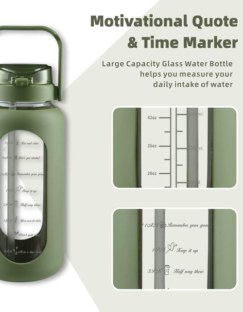 Load image into Gallery viewer, 74oz Glass Water Bottle with Straw 2.2L Large Gallon Motivational Water Bottle with Handle and Time Marker, Olive
