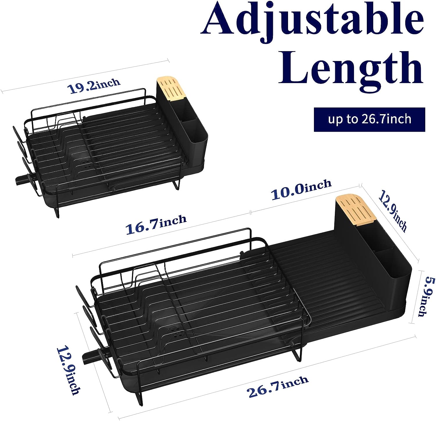 Extendable Dish Rack, Multifunctional Dish Rack for Kitchen Counter with Cutlery & Cup Holders 27" L x 12.9" W, Black