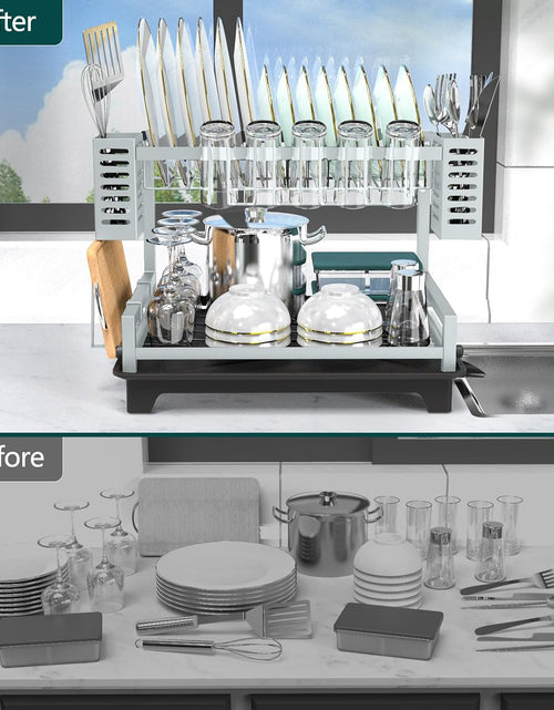 Load image into Gallery viewer, 2 Tier Dish Racks for Kitchen Counter, Large Dish Drying Rack with Drainboard &amp; Utensil Holders, Gray
