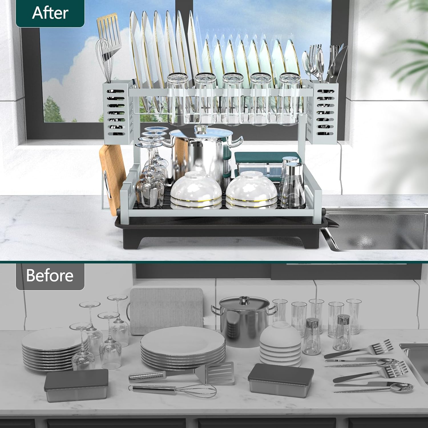 2 Tier Dish Racks for Kitchen Counter, Large Dish Drying Rack with Drainboard & Utensil Holders, Gray