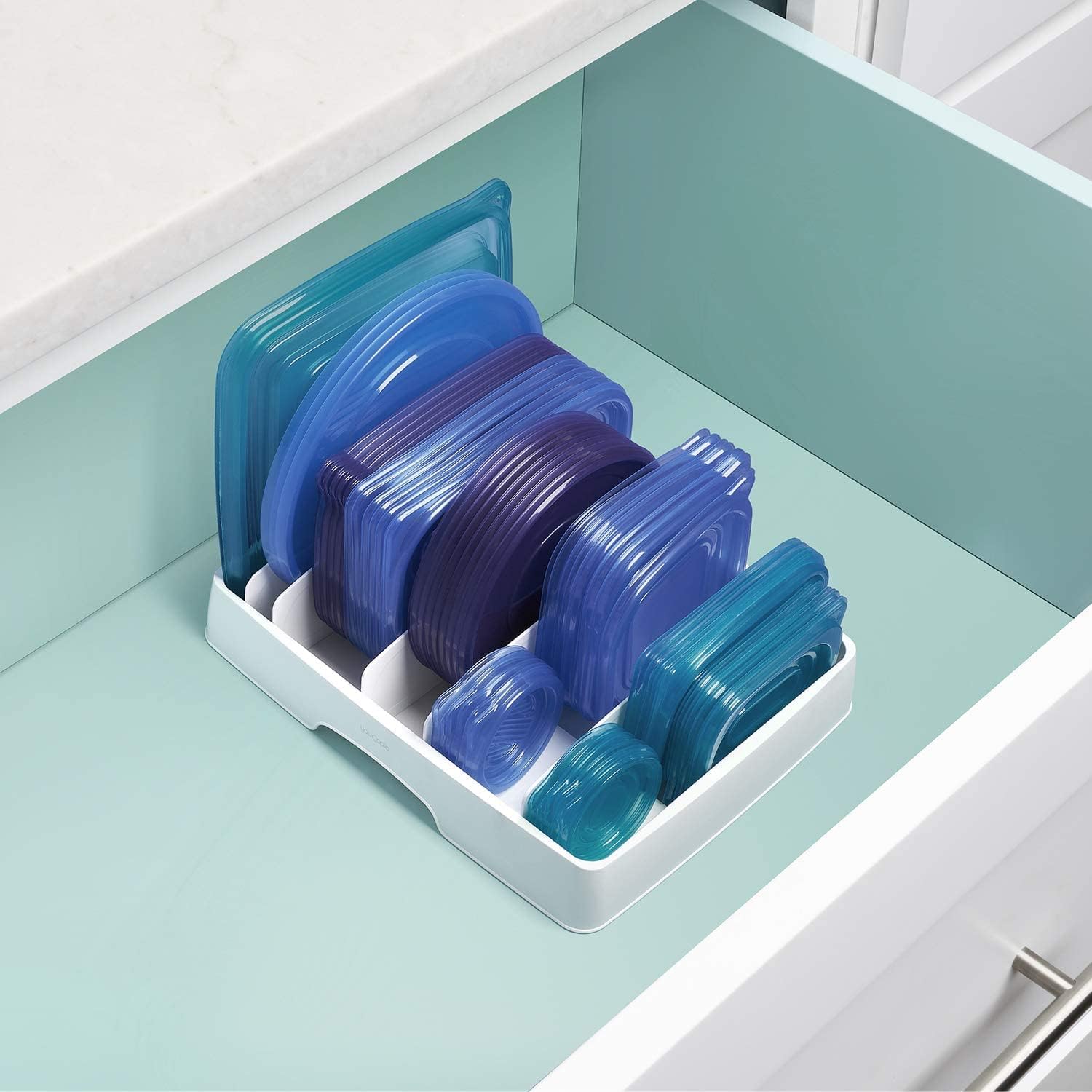 Food Container Lid Organizer, Large, BPA-Free Adjustable Plastic Lid Storage for Kitchen Cabinet and Drawer Organization, White