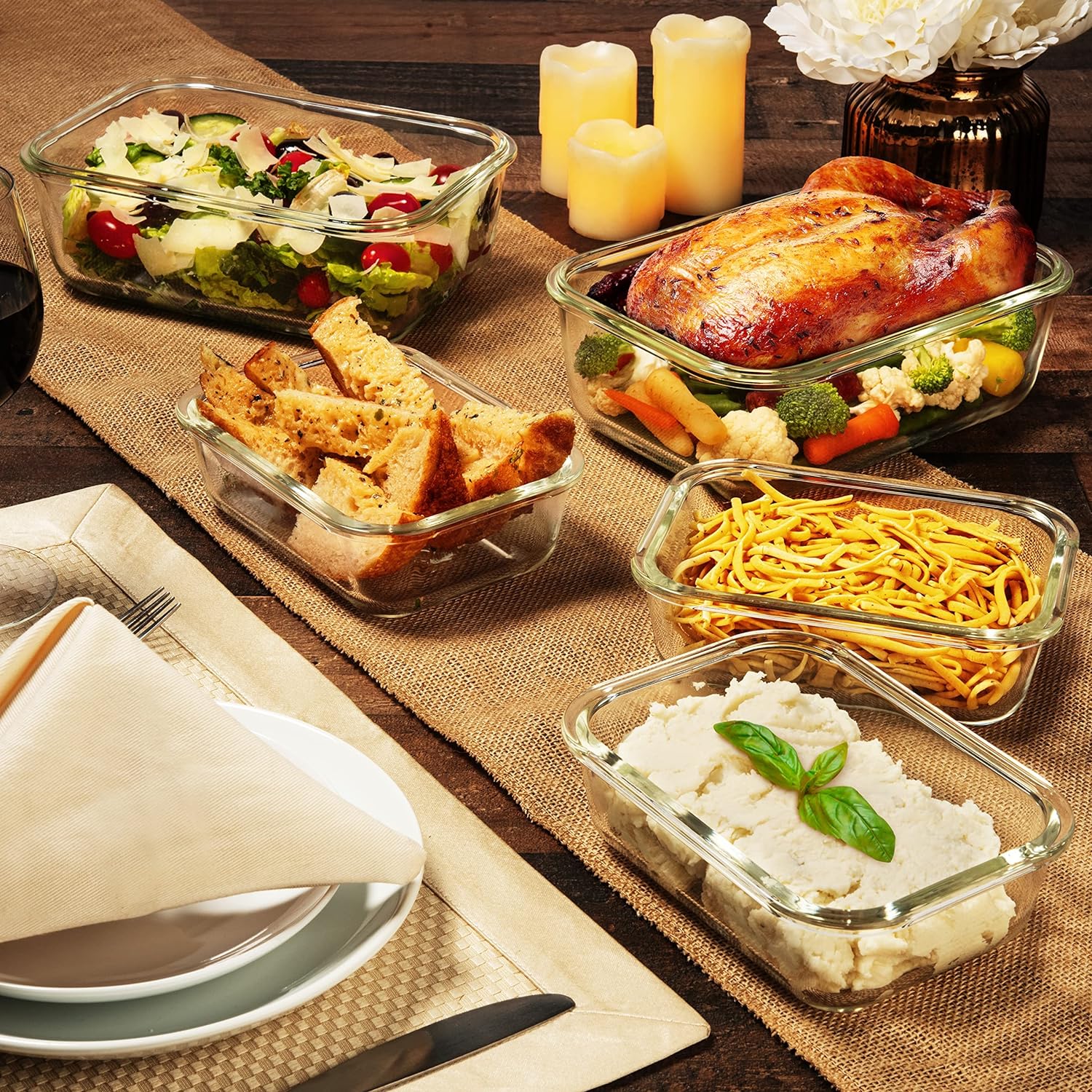 10 PC Glass Food Storage Containers with Multi Color Lids - 63, 40, 28, 25 & 11 Oz Airtight & Leakproof Lunch Bento Boxes