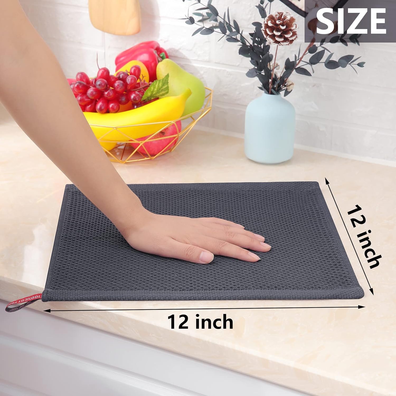 Cotton Waffle Weave Kitchen Dish Cloths, 12x12 Inches, 6-Pack, Dark Grey
