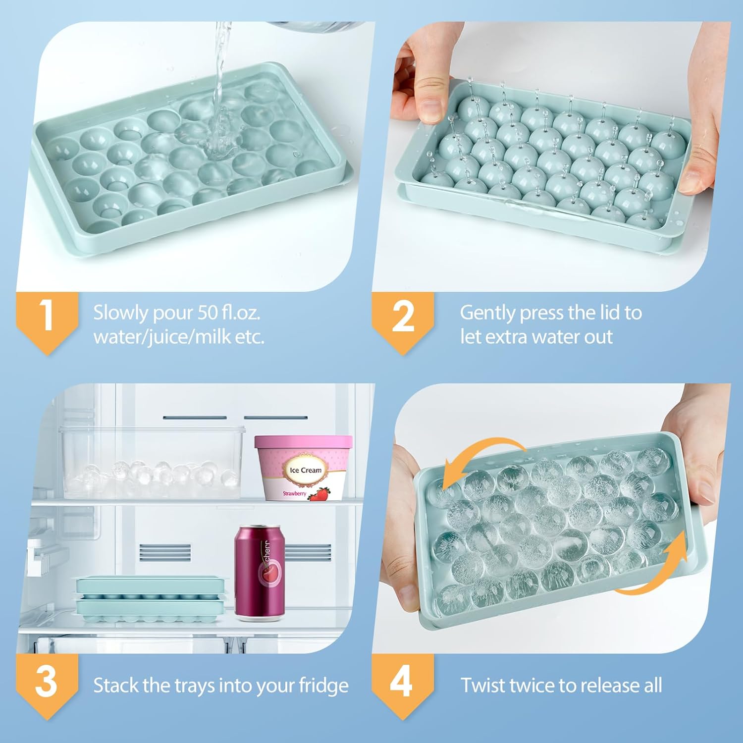 Ice Cube Tray for Freezer with Lid & Bin, 0.8"x66 Round Ice Cube Mold with Container (2 Trays 1 Ice Bucket & Scoop)