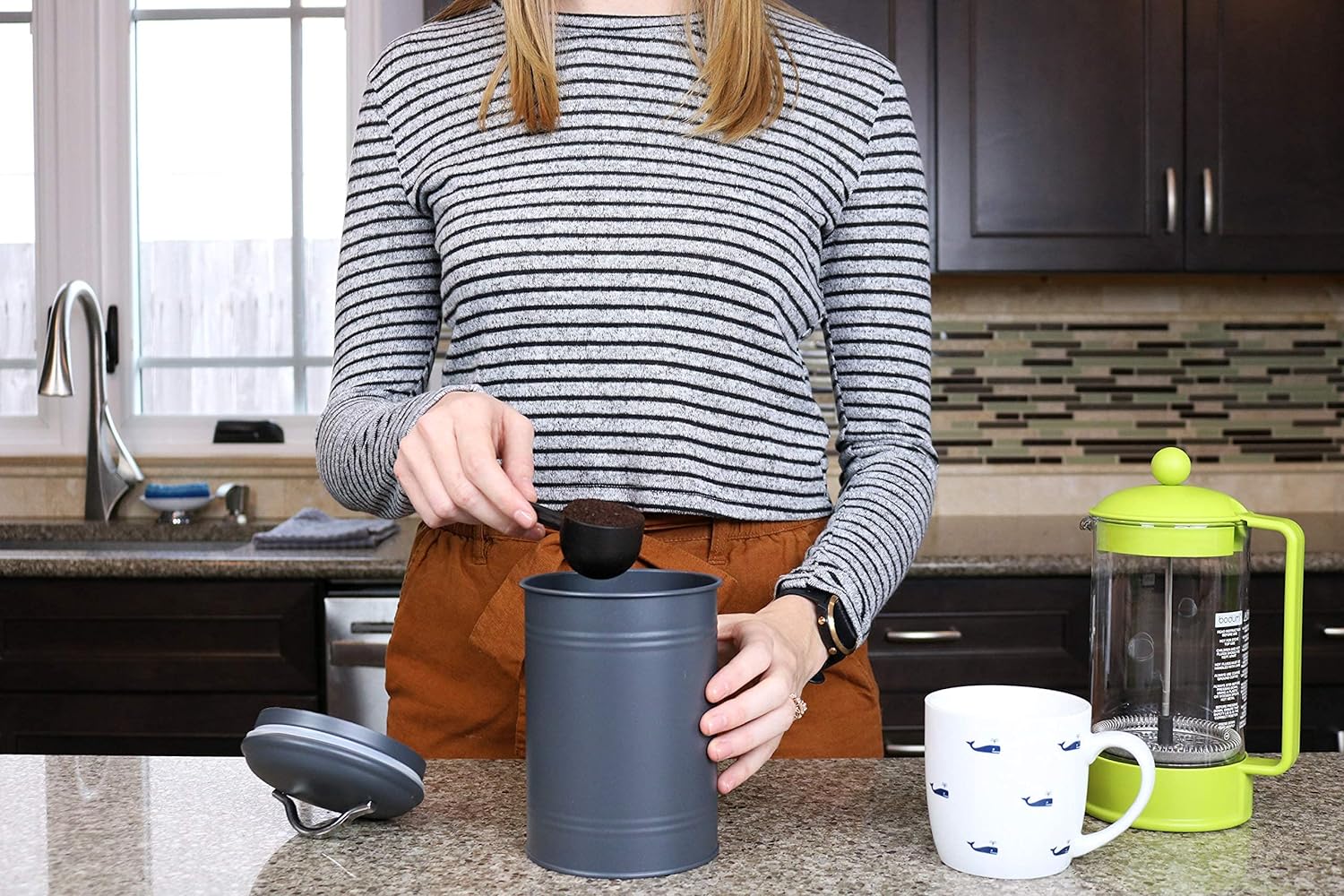 Set of 3 for Countertop Storage of Coffee, Food, Charcoal Grey Metal (8 Inches High with Lids, 4.5 Inches Diameter)