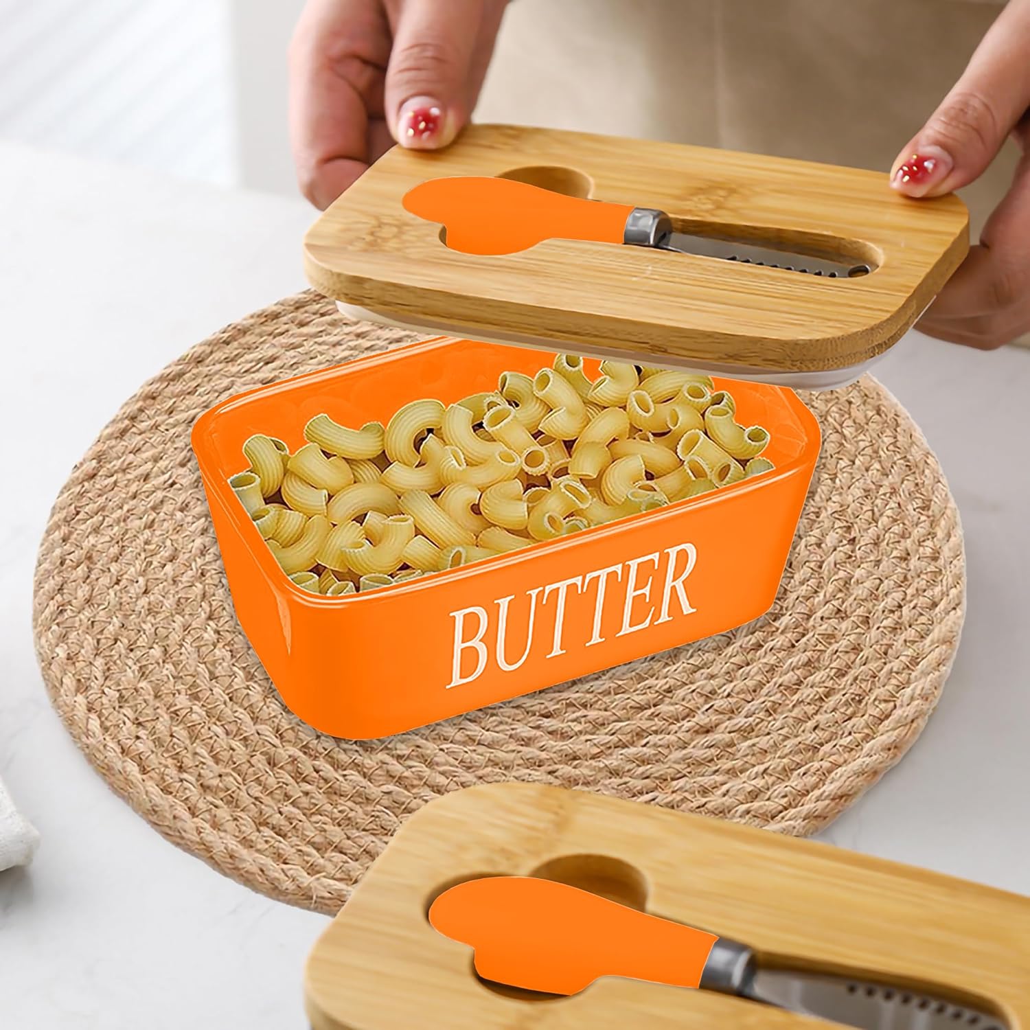 Large Butter Dish with Lid for Countertop Ceramic Butter Container with Knife Holder, Orange