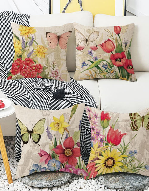 Load image into Gallery viewer, Set of 4 Decorative Spring Pillow Covers Linen Flower Butterfly Farmhouse Pillowcases, 18 x 18
