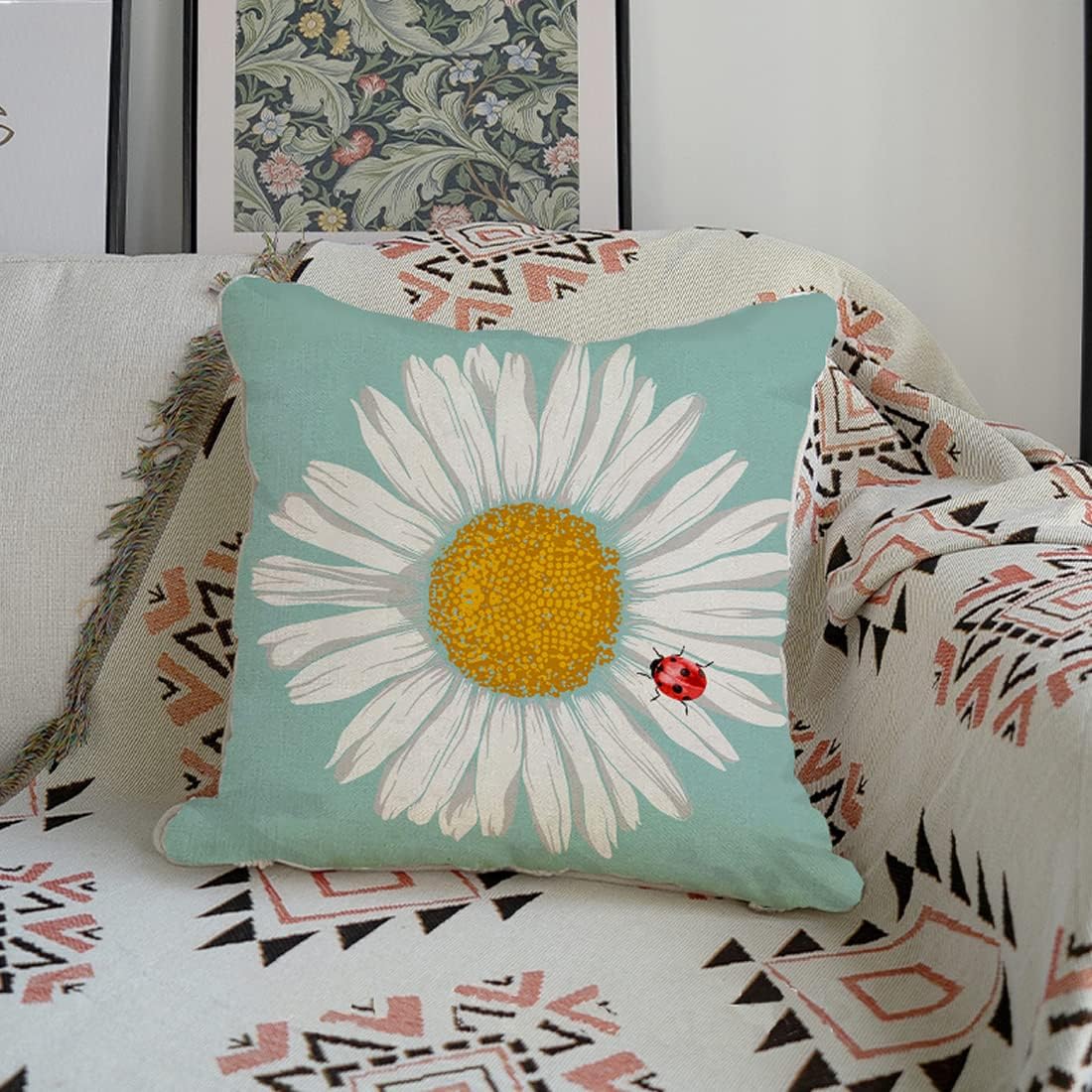 Set of 4, Sunflower Decorative Spring Daisy Light Blue Cushion Case for Sofa Couch