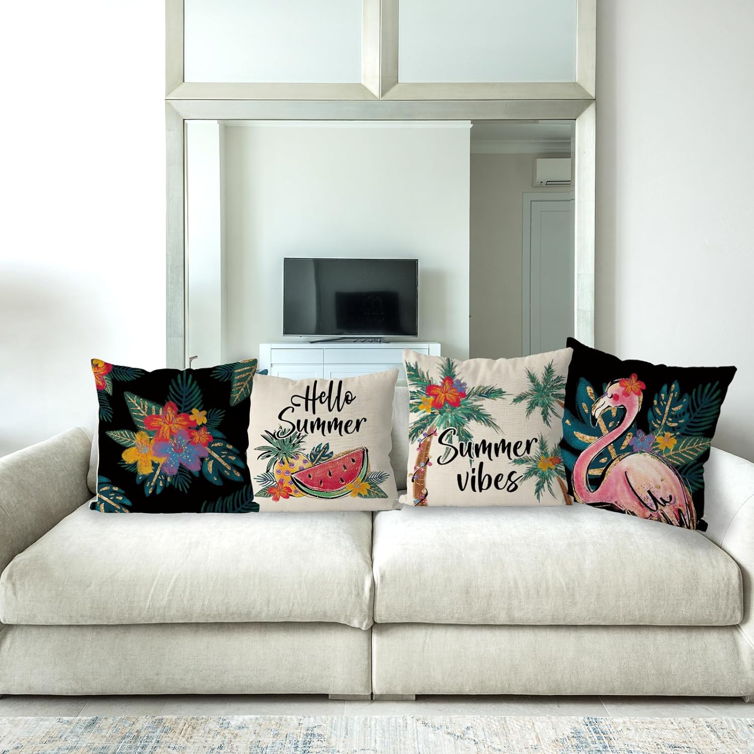 Set of 4 Flamingo Watermelon Throw Pillow Covers Summer Farmhouse Cushion Cases