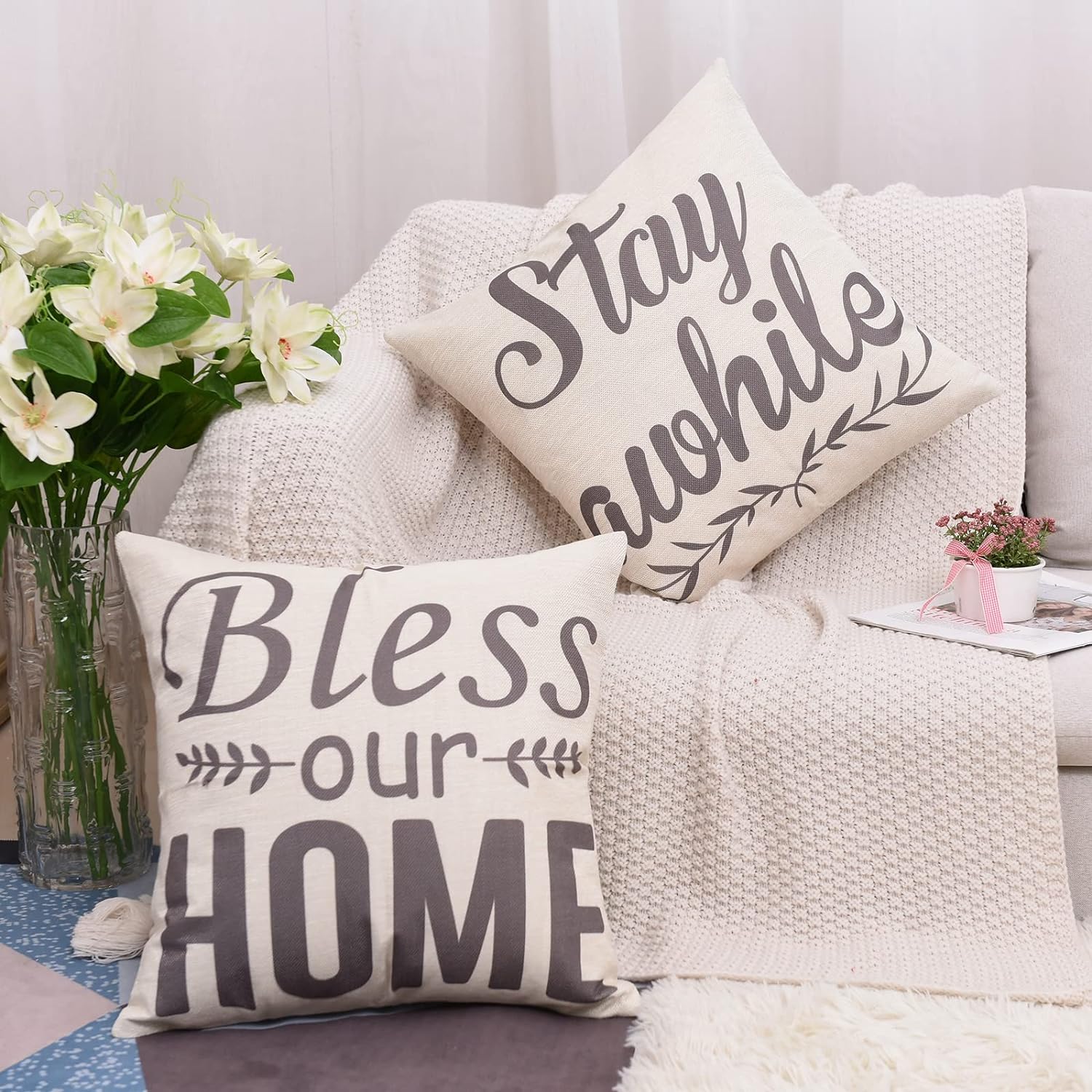 Set of 4 Decorative Spring Wreath Pillow Covers 18 x 18 Inches - Summer Floral Leaves Bless Home Linen Cushion Cases