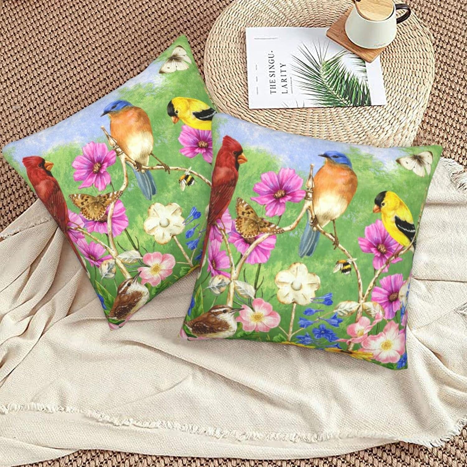 Set of 2 Rustic Flowers Birds Butterfly Spring Summer Throw Pillow Covers