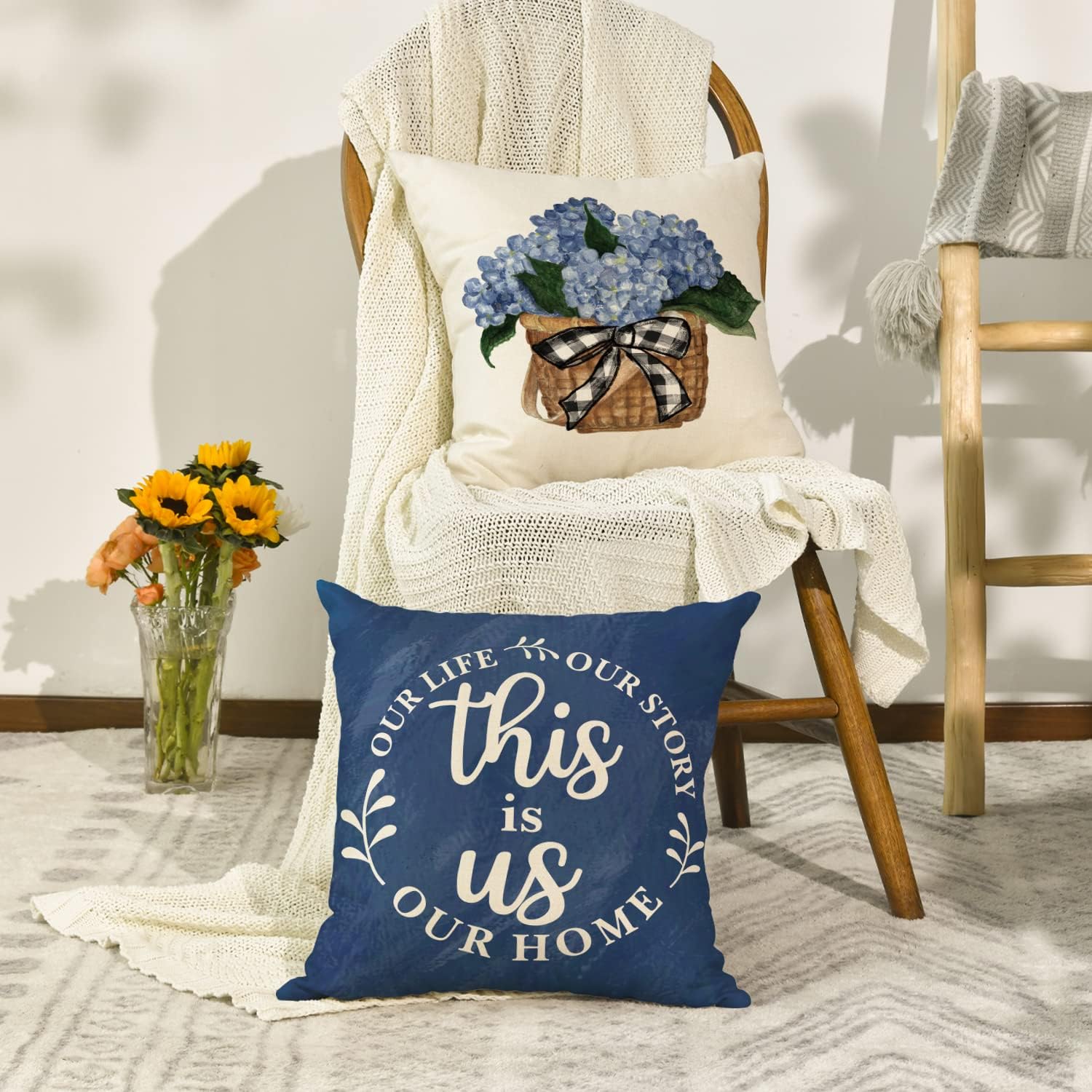 Blue Hydrangea Spring Summer Throw Pillow Covers, 18 x 18 Inch Today is A Good Day, Set of 4