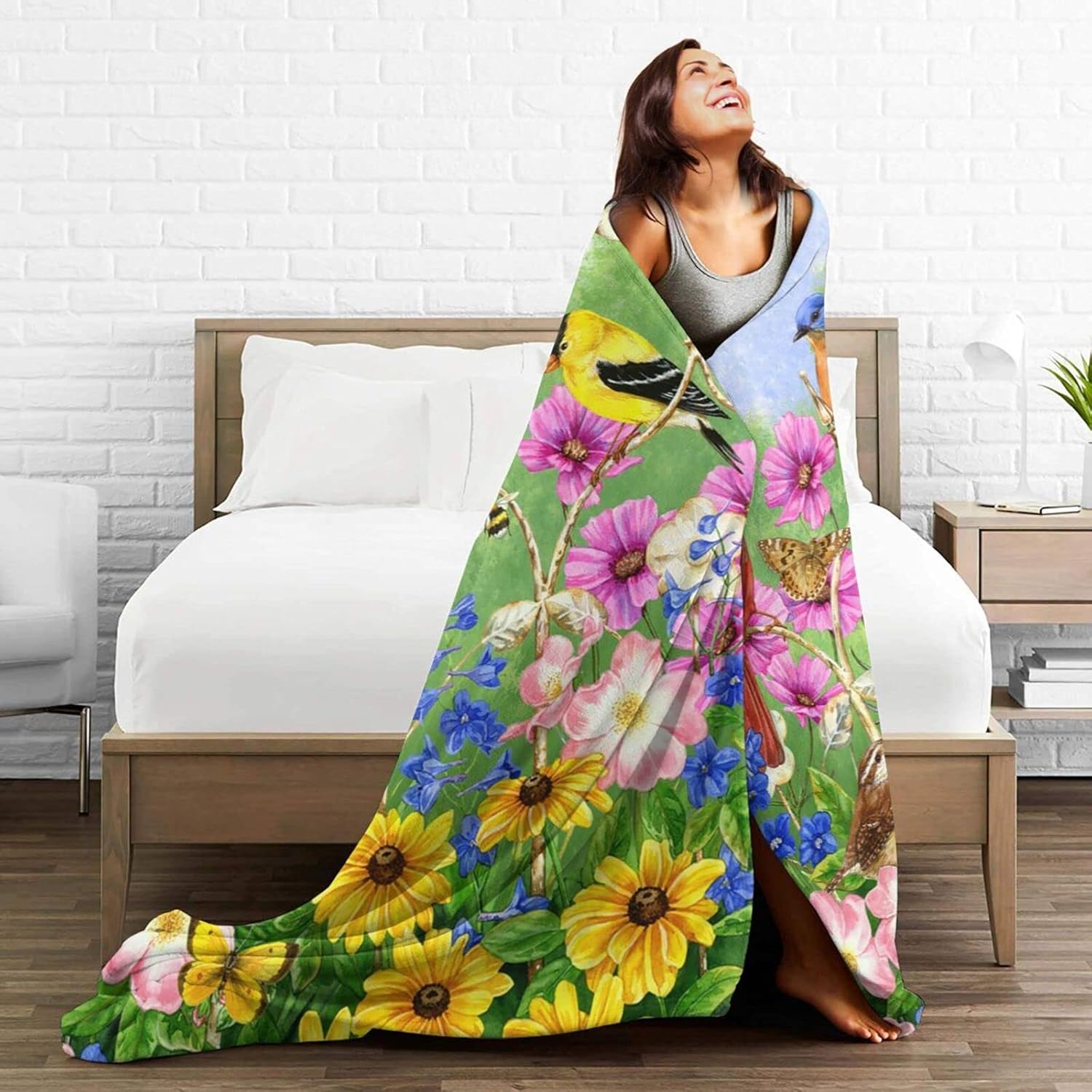 Rural Flowers Birds Throw Blanket Ultra Soft Warm All Season Rustic Sunflowers, 50"X40"