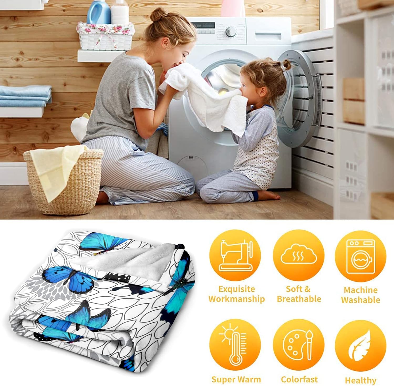 Beautiful Blue Butterfly Throw Blanket Ultra Soft Flannel Butterflies Blanket Gifts for Kids Adults 50"X40"