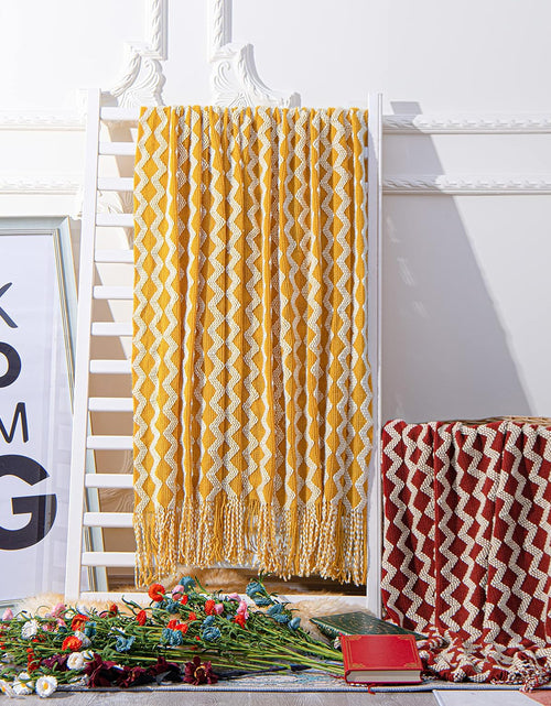 Load image into Gallery viewer, Acrylic Knitted Throw Blanket, Lightweight and Soft Cozy Decorative Woven Blanket with Tassels, 51x67 Inches, Mustard Yellow
