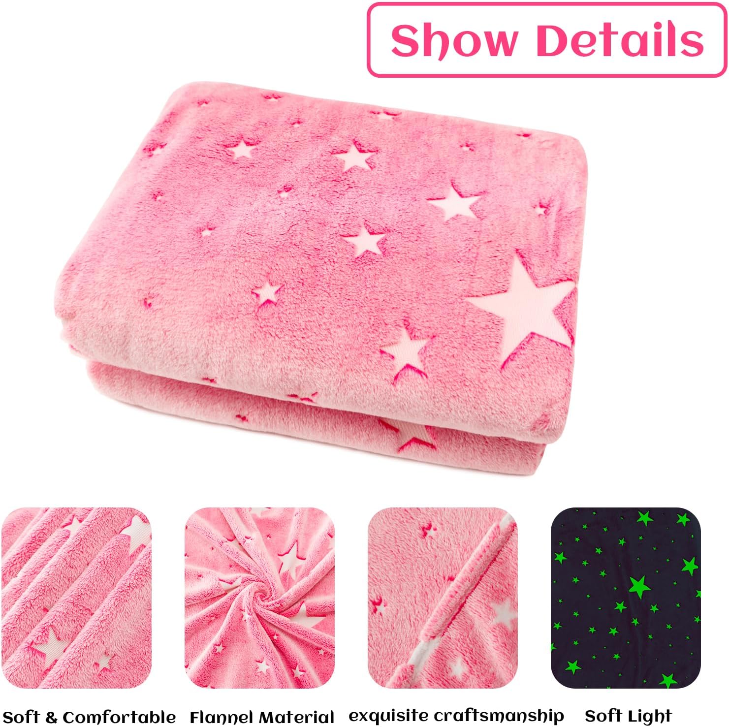Glow in The Dark Blanket Girls Pink Star Blanket Fleece Blanket, Pink Star