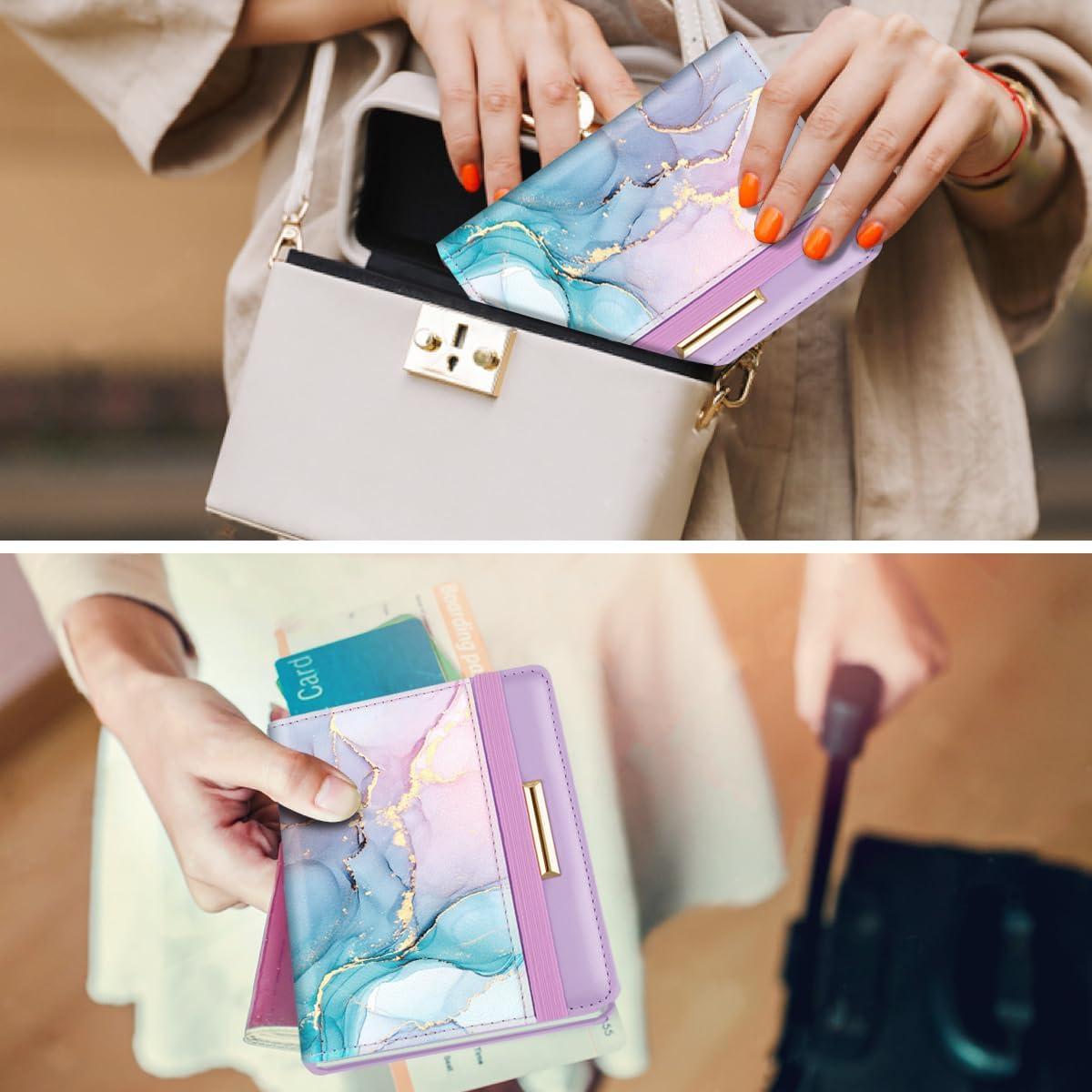 Passport Holder Cover Travel RFID Blocking Passport Cover Wallet with Elastic Band for Women, Gradien Marble