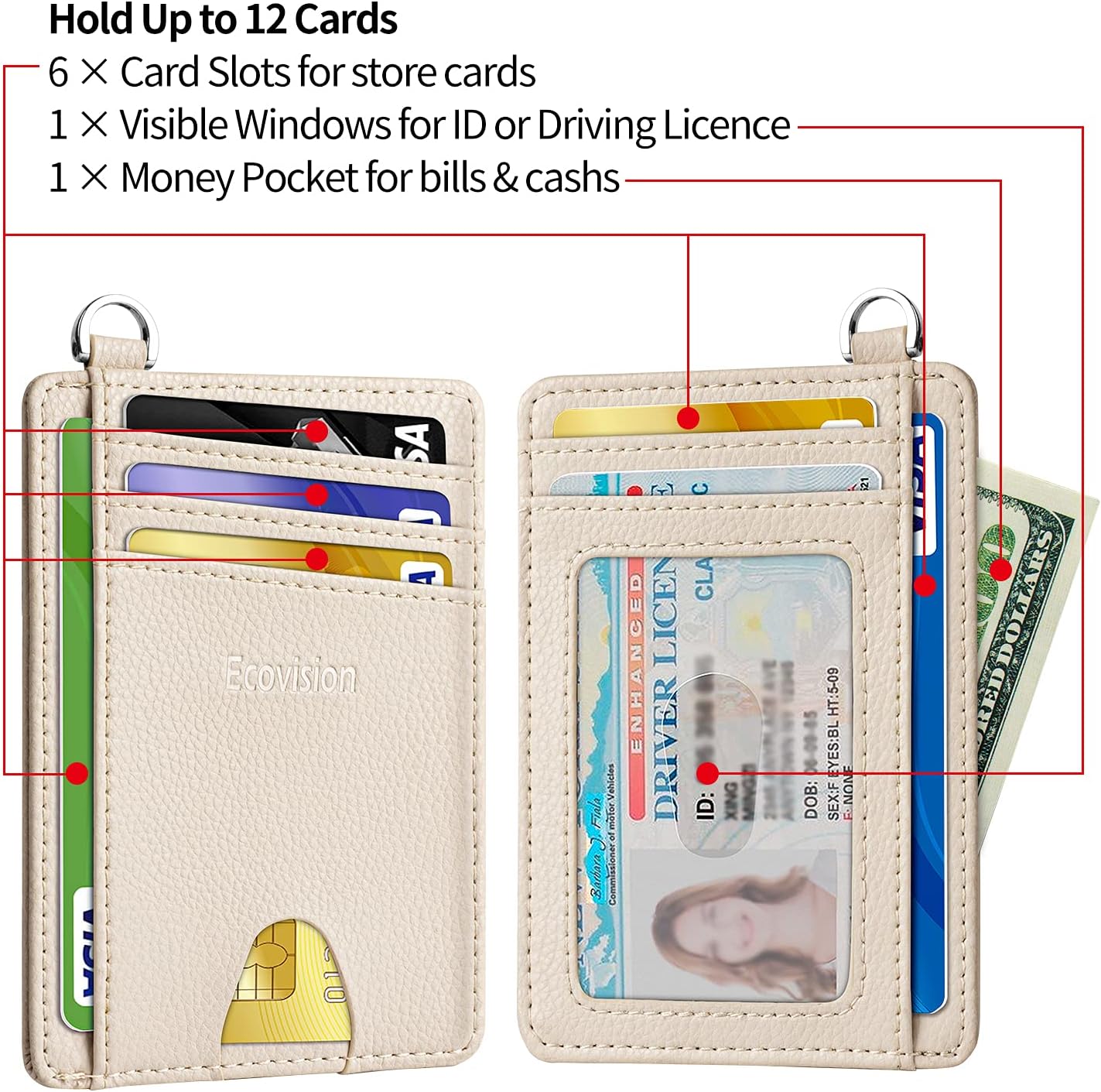Slim Minimalist Front Pocket Wallet, RFID Blocking Credit Card Holder Wallet with Detachable D-Shackle, Beige