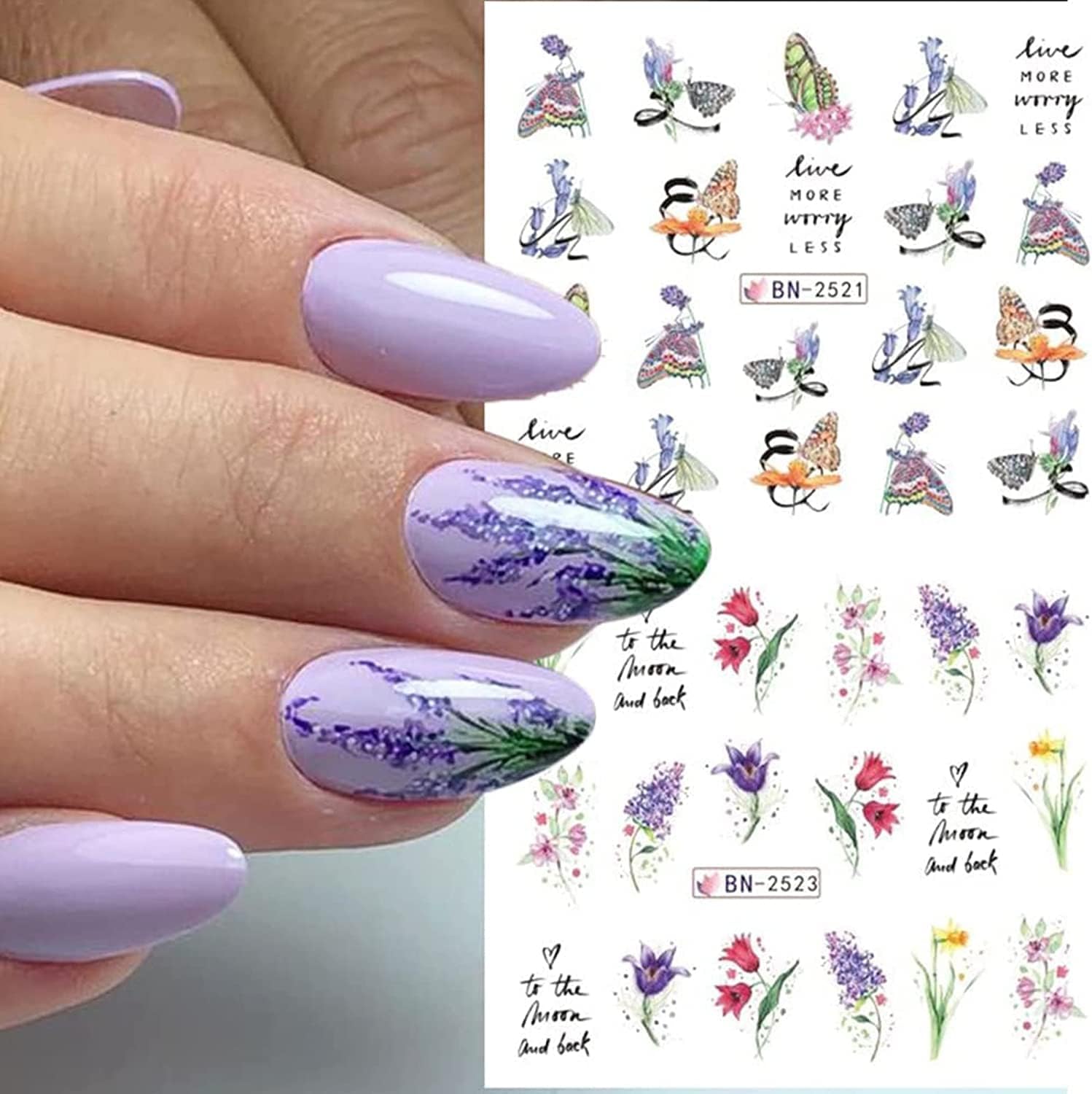 Flower Nail Decals Water Transfer Nail Art Supplies Summer Lily Orchid Butterfly, 12 Sheets