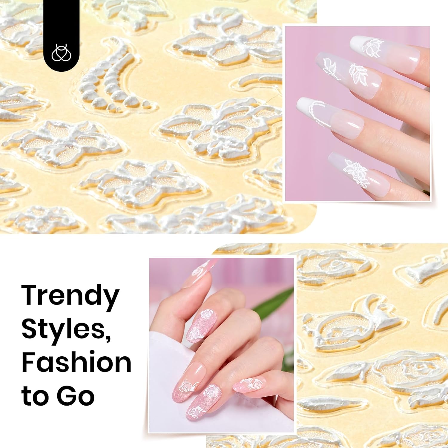 Gel Top Coat With 6 Pcs Nail Stickers for Nail Art, 5D Rhinestones Sticker Spring Embossed White Flower Design