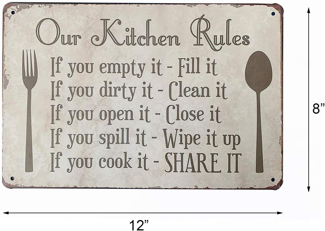 Kitchen Rules Plaque Wall Decor Rustic Metal Tin Sign (12X8-Inch)
