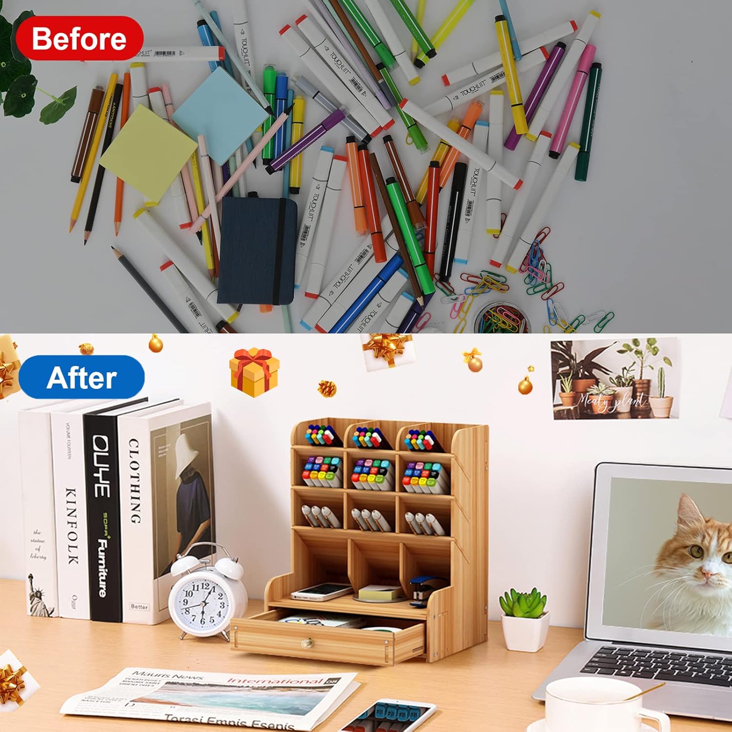 Wooden Desk Organizer, Multi-Functional DIY Pen Holder Storage Box Desktop Stationary