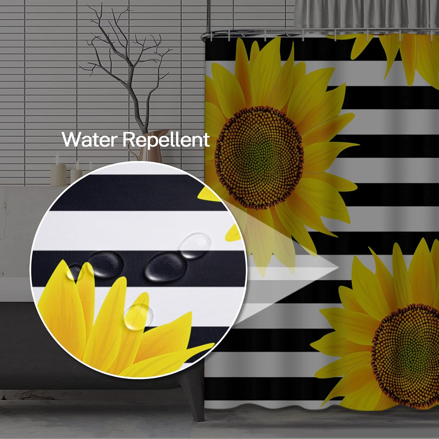 Shower Curtain Waterproof Home Decor Brown Bright Sunflowers Striped Black and White Pattern,66 x 72 inches