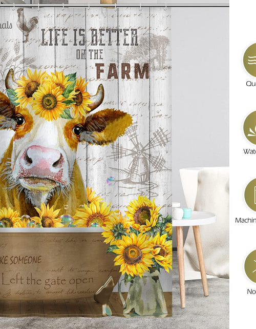 Load image into Gallery viewer, Cow Sunflower Shower Curtain Funny Cute Farm Animal Rustic Wooden Country Farmhouse, 72&quot;x72&quot;
