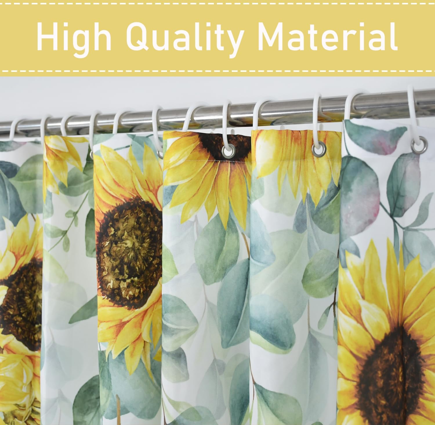 Eucalyptus Sunflower Shower Curtain Sage Green Spring Watercolor Leaves Farmhouse Decor, 72"x72"