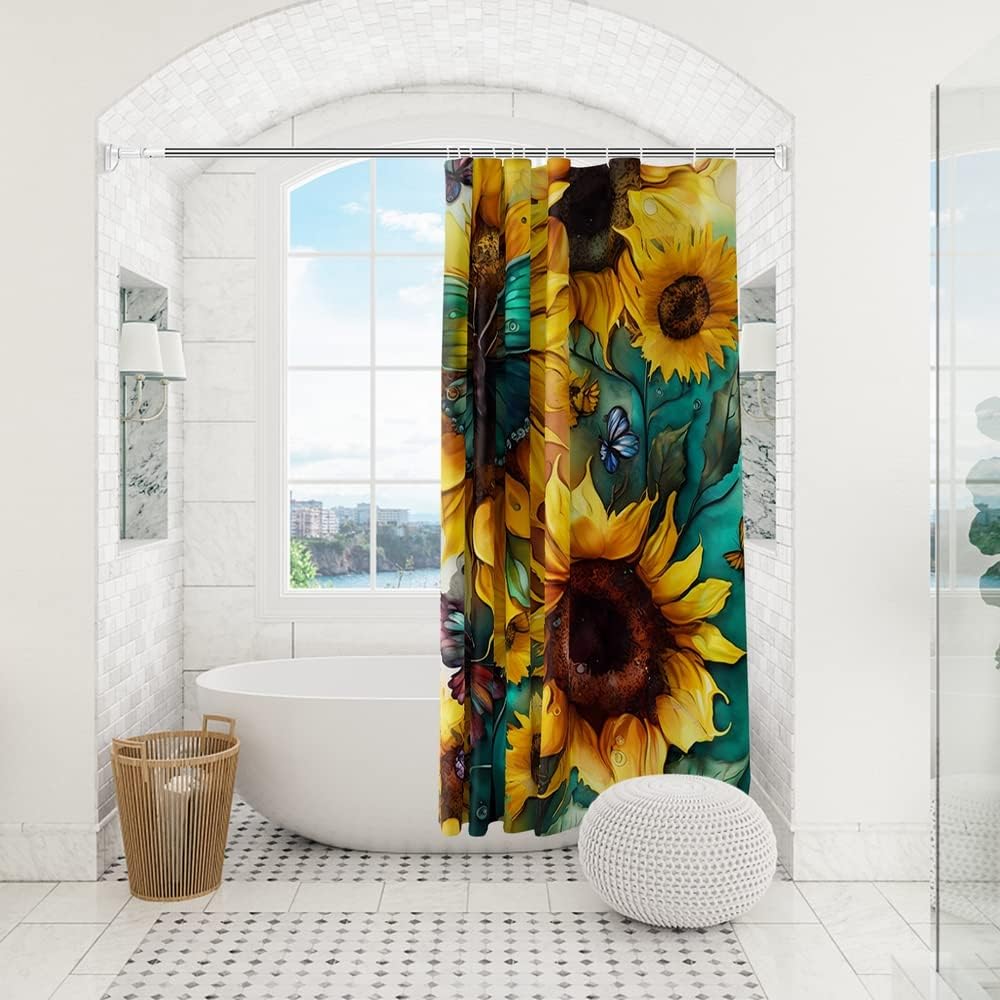 Big Yellow Sunflower Shower Curtain with Hooks Summer Waterproof Floral Decorative Bathroom Curtain Set, 72"x72" Seamless