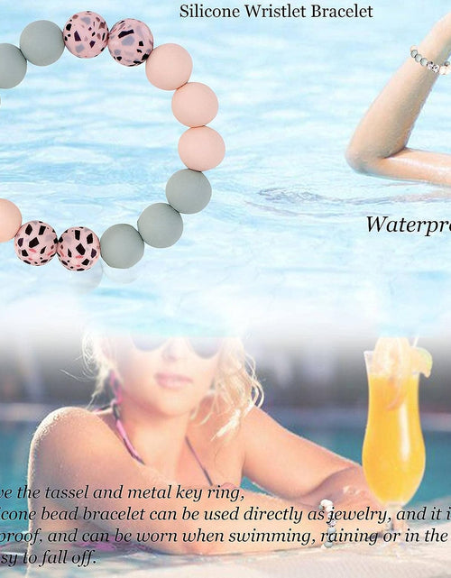Load image into Gallery viewer, Keychain Bracelet Silicone Key Ring Wristlet with Leather Tassel Wrist Key Ring Bangle Silicone Bead, Light Pink
