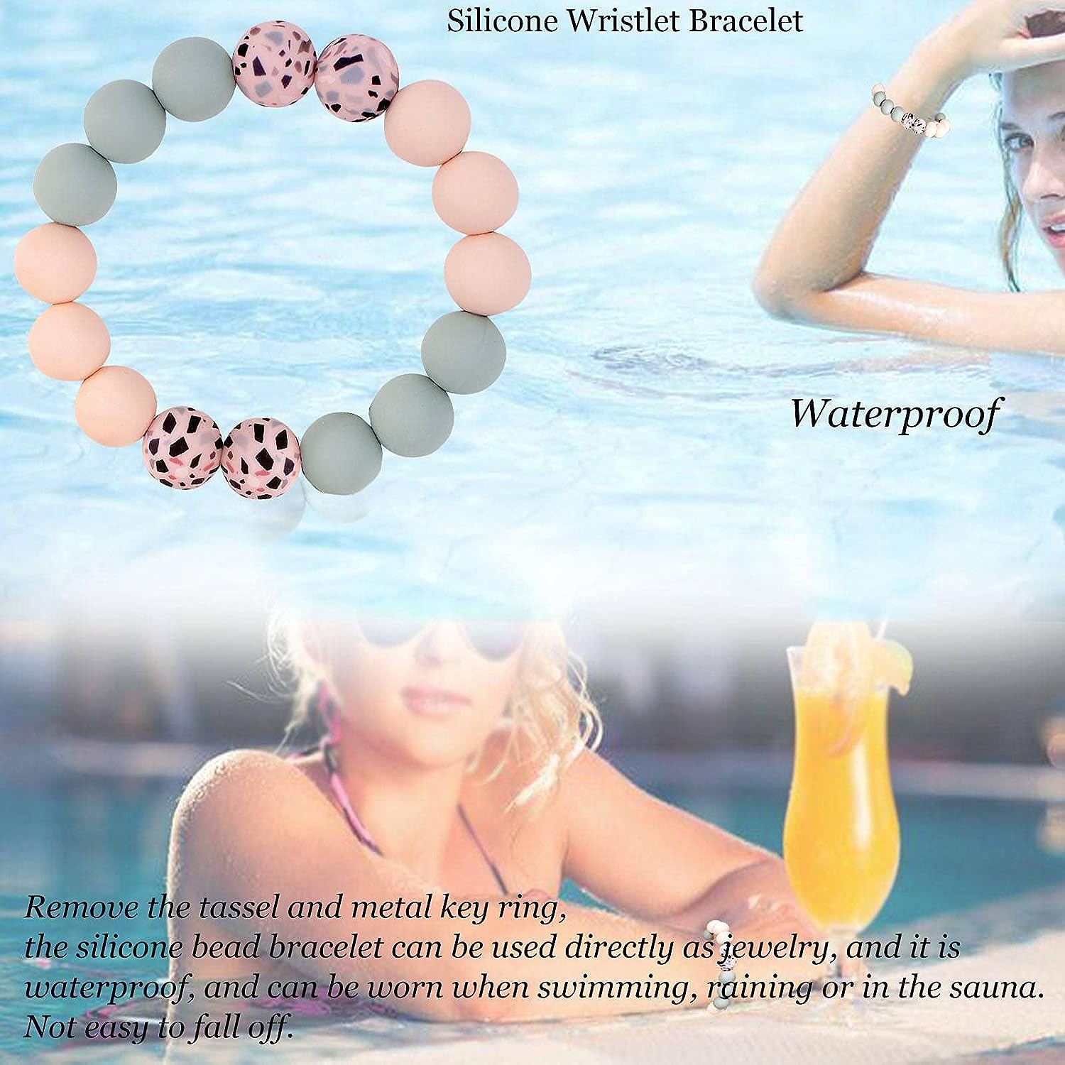 Keychain Bracelet Silicone Key Ring Wristlet with Leather Tassel Wrist Key Ring Bangle Silicone Bead, Light Pink