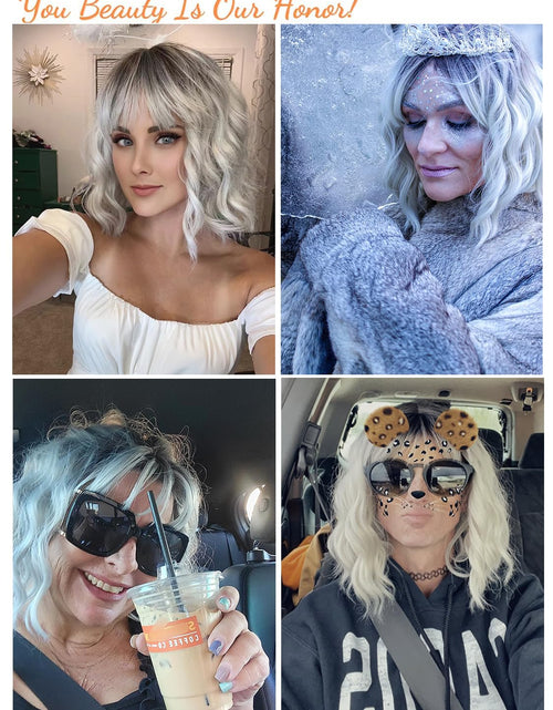 Load image into Gallery viewer, Short White Silver Wigs for Women Ombre Grey Wavy Bob Wig with Bangs Medium Length Synthetic Hair, 12 inches, Ombre Silver
