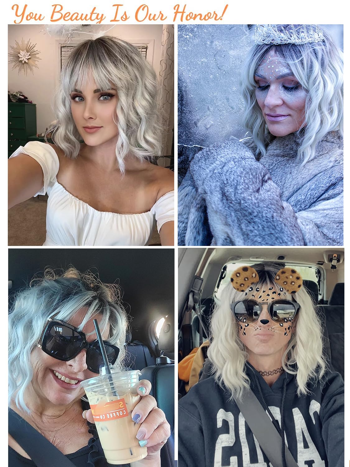 Short White Silver Wigs for Women Ombre Grey Wavy Bob Wig with Bangs Medium Length Synthetic Hair, 12 inches, Ombre Silver