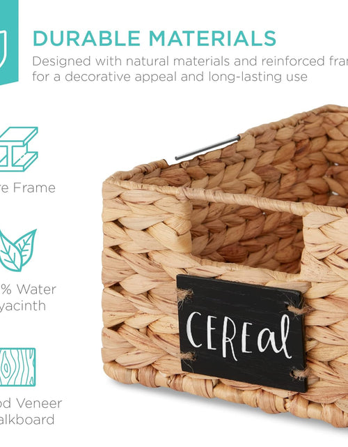 Load image into Gallery viewer, Set of 4 9x12in Water Hyacinth Pantry Baskets, Woven Kitchen Organizers w/Chalkboard Label, Chalk Marker - Natural
