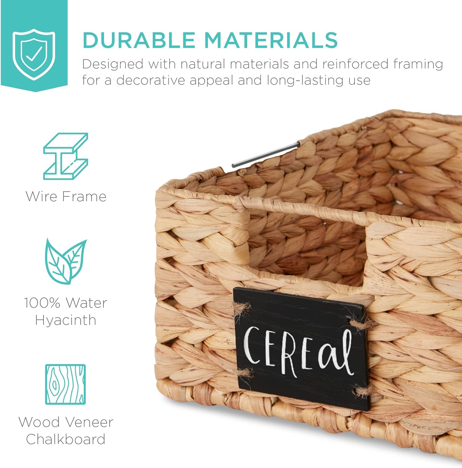 Set of 4 9x12in Water Hyacinth Pantry Baskets, Woven Kitchen Organizers w/Chalkboard Label, Chalk Marker - Natural