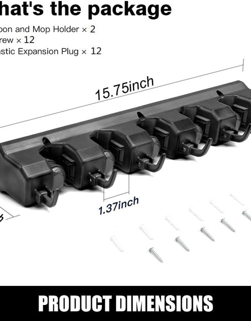 Load image into Gallery viewer, 2 Pack Mop and Broom Holder, Wall Mounted Organizer Mop and Broom Storage Tool Rack with 5 Ball Slots and 6 Hooks (Black)
