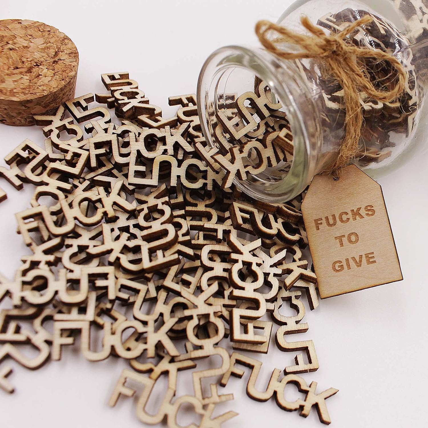 Jar of Fucks (5oz) - Gift Jar, Wooden Cutout Letter Piece, Bad Mood Vent, Spoof Birthday, Holiday Gift to Friend - Funny Gift for Valentine's Day