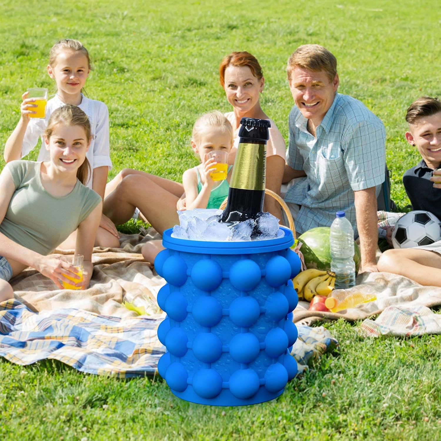 Ice Cube Mold Ice Trays, Large Silicone Ice Bucket, (2 in 1) Ice Cube Maker, Round,Portable (Dark blue)