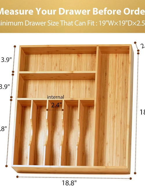 Load image into Gallery viewer, Large Kitchen Drawer Organizer, 19&quot;x19&quot; Silverware Utensils Organizer, 2.5&quot; High for Large Deep Drawers, Bamboo Flatware Holder
